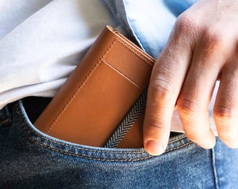 Minimalist Upcycled Leather Wallet, Slim Brown Design