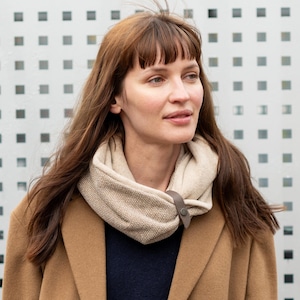 Damessjaal met dubbele lus, zachte katoenmixsjaal met leren band, warme, gezellige duurzame winteromslag