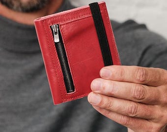 Recycled Leather Wallet: Zipper Coin Pocket, Elastic Strap