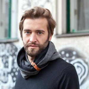Infinity Scarf with Leather Band: Double Loop Cotton Winter Cowl