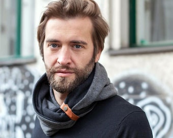 Infinity Scarf with Leather Band: Double Loop Cotton Winter Cowl
