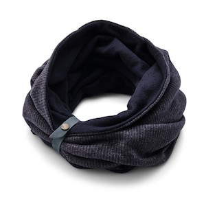 Navy Blue Knit Infinity Scarf with Upcycled Leather Band