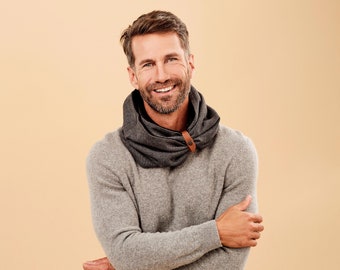 Black Cotton Infinity Scarf, Hooded Cowl with Reclaimed Leather Band