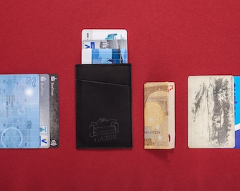 Schmales Leder Portemonnaie, Graviertes Portemonnaie, Kreditkartenhalter, Schwarz