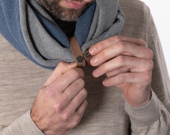 Men’s Infinity Scarf with Leather Band, Double Loop Cowl, Handmade Sustainable Winter Scarf