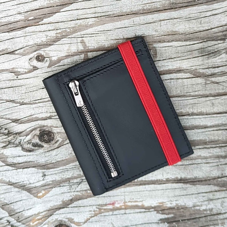 Black Leather Wallet for Men, Slim and Minimalist, Upcycled Leather Wallet, Sustainable, and Unique Men's Accessory, Slim elegant & Compact Red