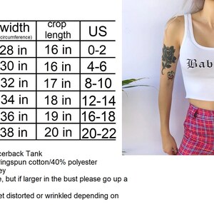 May include: White cropped tank top with the text "Babygirl" in black lettering. Size chart with measurements in inches.