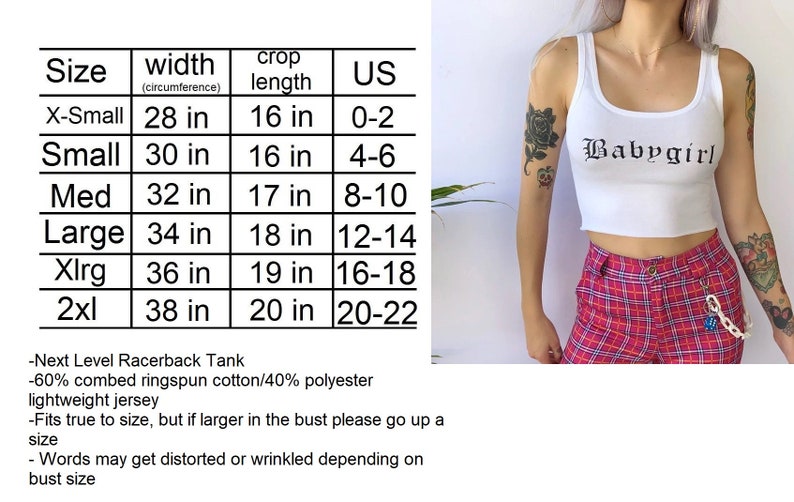May include: White cropped tank top with the text "Babygirl" in black lettering. Size chart with measurements in inches.