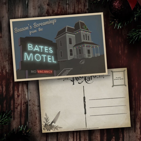 Set of 5 Bates Motel Horror Christmas Postcards
