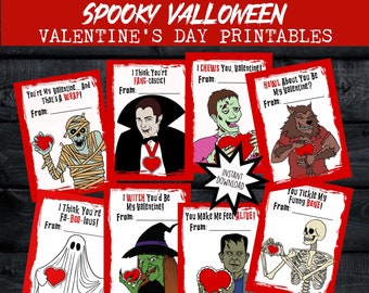 Spooky Valloween Printable Valentine Cards Instant Download