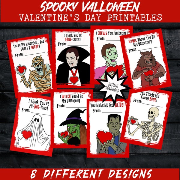 Spooky Valloween Printable Valentine Cards Instant Download