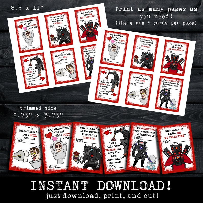 May include: Six printable Valentine's Day cards featuring humorous illustrations of a toilet, a plunger, and a robot. The cards are red with white borders and include text such as "It's Valentine's Day, Just Roll with it!" and "Valentine's Day is the perfect time for an upgrade!"