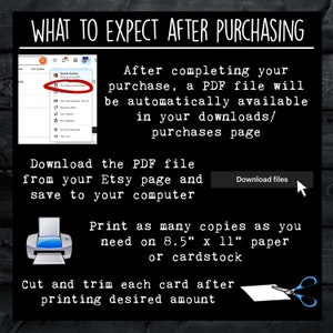 May include: A digital illustration of a printer, scissors, and a piece of paper with text that reads "What to expect after purchasing". The text explains that after purchasing a digital product, a PDF file will be automatically available for download. The text also explains how to print and cut the PDF file.