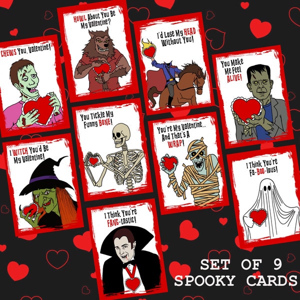 Set of 9 Mini Spooky Valentine’s Day Cards