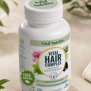May include: A white plastic bottle of Vital Nutritive Vital Hair Complex dietary supplement. The label features green and gold accents, text stating 11 proprietary blends, 18 essential multivitamins and minerals, and 60 vegecaps for a 30 day supply.