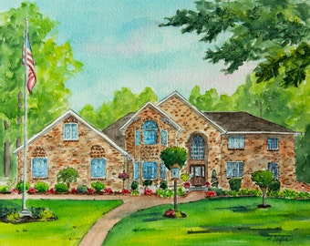100% Hand Painted, Custom Watercolor House Portrait: Hand-Painted Home Illustration