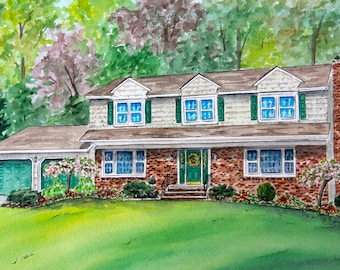 Custom Watercolor House Portrait, Hand Painted Home Illustration