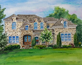 Custom House Watercolor Portrait, Anniversary Gift, Personalized Home Illustration