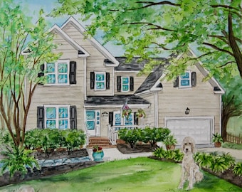 Hand Painted House Portrait, Custom Watercolor Anniversary Gift