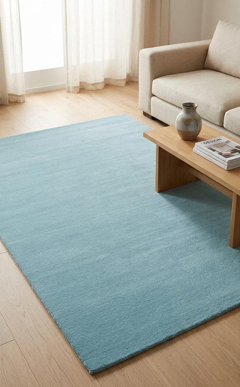 Blue Rug Material Handtufted Wool Sky Blue Area Rug, Minimalist Modern Carpet, Custom ...