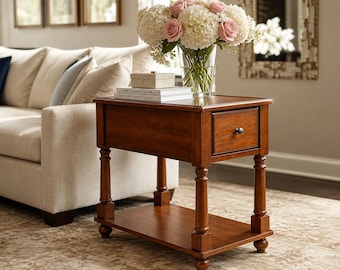 Solid Wood End Table, Narrow Cherry Accent Table with Drawer, Small Space Furniture