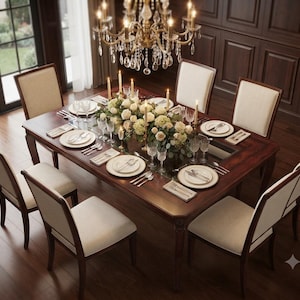 May include: A rectangular dark wood dining table with a glass center inlay, surrounded by six chairs with cream-colored upholstered seats and backs. The table is set with white plates, silverware, napkins, and a floral centerpiece with candles.