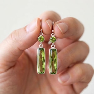 Sterling Silver Peridot Dangle Earrings: Round & Rectangular Green Gemstones (August Birthstone)