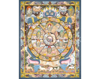 Lebensrad-Thangka, Buddhistische Karma-Kunst, Samsara der sechs Daseinsbereiche, 24-karätiges Golddetail (122 x 93 cm)