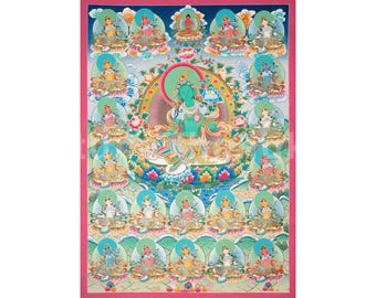 Thangka delle Ventuno Tara / Arte buddista della Tara Verde / Decorazione murale per altare di meditazione tibetano