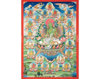 21 Tara Thangka / Arte buddista tibetana di Tara verde / Decorazione murale per altare di protezione e meditazione fatta a mano