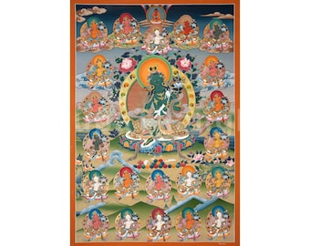 Thangka delle 21 Tara / Ventuno Tara, arte buddista tibetana / Decorazione murale per altare di meditazione realizzata a mano