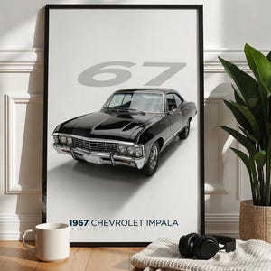 May include: A framed wall art print featuring a black 1967 Chevrolet Impala centered on a white background. The number 67 is printed in large light gray font behind the car, and the text 1967 CHEVROLET IMPALA appears in black at the bottom.