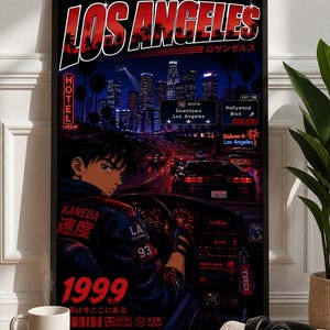 Y2K Los Angeles Anime-affisch, retro nattbilsväggkonst, JDM-biltryck, Cyberpunk City-affisch, japansk estetik, 90-talsrumsinredning