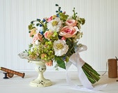 Silk bridal bouquet, watermelon pink white blue green, ranunculus delphinium scabiosa roses lemon leaf lady's mantle bridal bouquet - Alexis