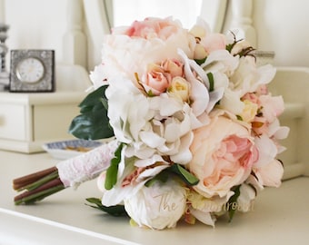 white peony bouquet light pink roses silk bouquet classic wedding bridal keepsake peony rose bouquet flower bouquet shabby chic