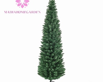 May include: A tall, slim, artificial green Christmas tree with dense, needle-like branches standing on a black metal four-legged stand. The logo MAIHAHOMEGARDEN with a pink flower icon is positioned in the upper left corner of the image.