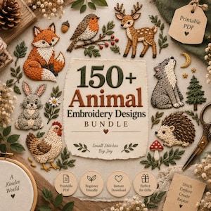 Könnte beinhalten: Eine digitale Sammlung von 150+ Tierstickmustern mit gestickten Illustrationen von Fuchs, Rotkehlchen, Reh, Hase, Huhn, Wolf und Igel. Der zentrale Text lautet 150+ Animal Embroidery Designs BUNDLE, Small Stitches Big Joy.