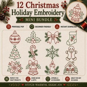 May include: A digital embroidery pattern collection titled 12 Christmas Holiday Embroidery Mini Bundle. It features twelve red and green line art designs including a bauble, holly, bow, stocking, tree, candy cane, snowflake, gingerbread man, poinsettia, bell, candle, and house.