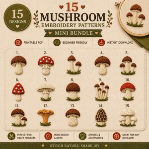 Può includere: Una collezione digitale di 15 schemi per ricamo a tema funghi intitolata 15 Mushroom Embroidery Patterns Mini Bundle. L'immagine mostra 15 illustrazioni numerate di varie specie di funghi in tonalità marrone, rosso, bianco e giallo su sfondo beige.