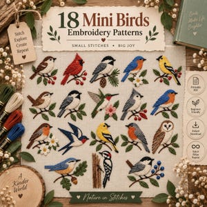 Op de afbeelding: Een verzameling van 18 mini vogel borduurpatronen op lichte stof, met diverse soorten zoals kardinalen, blauwe gaaien en uilen op takken. De tekst luidt 18 Mini Birds Embroidery Patterns, Small Stitches, Big Joy en Nature in Stitches.