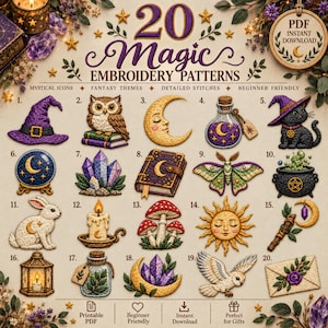 May include: A digital collection of 20 magic embroidery patterns featuring mystical icons like a witch hat, owl, crescent moon, potion bottle, black cat, crystal ball, crystals, spellbook, moth, cauldron, rabbit, candle, mushrooms, sun, wand, lantern, and envelope.