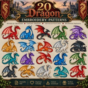 Könnte beinhalten: Eine Sammlung von 20 Drachen-Stickmustern mit verschiedenen Fabelwesen in Rot, Blau, Grün, Lila, Orange, Weiß und Schwarz. Das Bild enthält den Text 20 Dragon Embroidery Patterns sowie Symbole für PDF, Herz, Download und Geschenk.