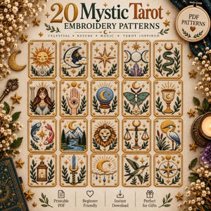 May include: A collection of 20 Mystic Tarot embroidery patterns featuring celestial, nature, and magic-inspired designs. The grid displays rectangular cards with illustrations of suns, moons, stars, animals, and mystical symbols in a soft color palette.