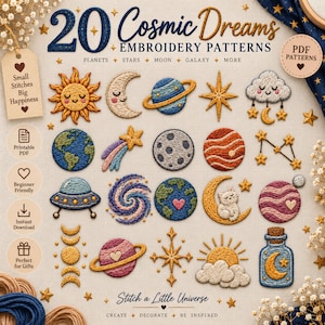 May include: A collection of 20 cosmic-themed embroidery patterns featuring a sun, moon, planets, stars, galaxy, and a cat on a crescent moon. The text reads 20 Cosmic Dreams Embroidery Patterns, Stitch a Little Universe, and PDF Patterns.