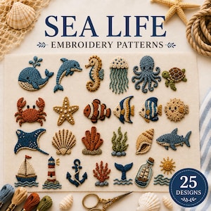 May include: A collection of 25 embroidered sea life motifs on fabric, featuring a whale, dolphin, seahorse, jellyfish, octopus, turtle, crab, starfish, fish, coral, seashell, stingray, sailboat, lighthouse, anchor, and message in a bottle.