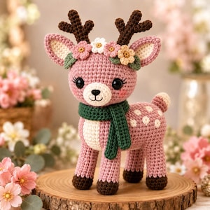 Puede incluir: Una figura de ciervo tejida a ganchillo en rosa empolvado con astas y pezuñas de color marrón oscuro. Presenta un hocico color crema, una bufanda verde oscuro y una corona de pequeñas flores tejidas en rosa, blanco y amarillo. El cuerpo tiene manchas blancas.