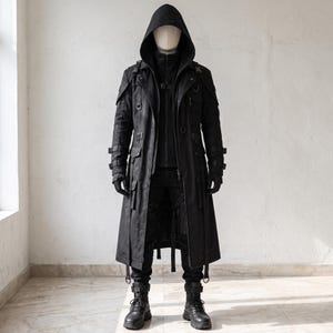 May include: A black hooded long coat featuring multiple utility pockets, metal D-ring hardware, and adjustable side straps. The garment is worn over a black jacket, black trousers with leg straps, and black tactical boots on a mannequin figure.