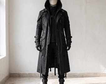 Gotycki długi płaszcz Techwear Czarny Cyberpunk Taktyczny Streetwear Kurtka Paski D-Ringi Halloween Cosplay
