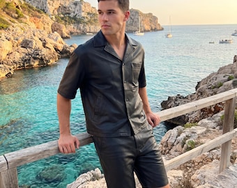 Black Leather Shirt Shorts Set, Camp Collar Summer Outfit, Handmade Mens Resort Vacation Wear