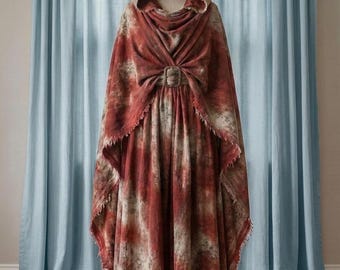 Túnica ritual teñida con salpicaduras de color rojo óxido / Capa con capucha desgastada con cinturón (PARA LARP/Cosplay)